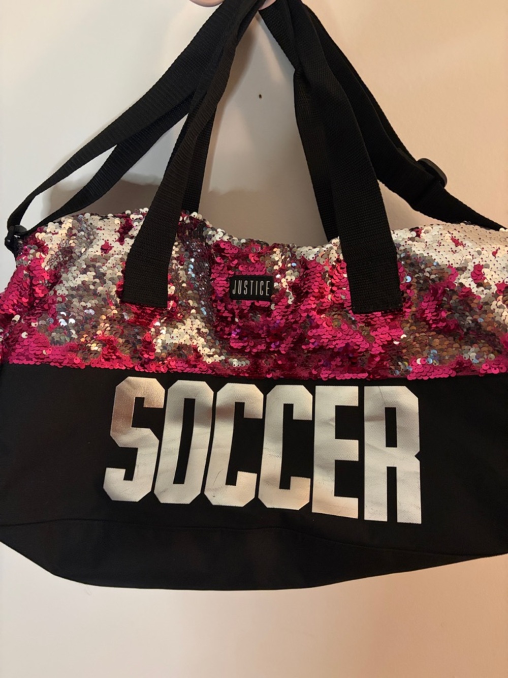 Justice Pink and Silver Sequin Soccer Tote